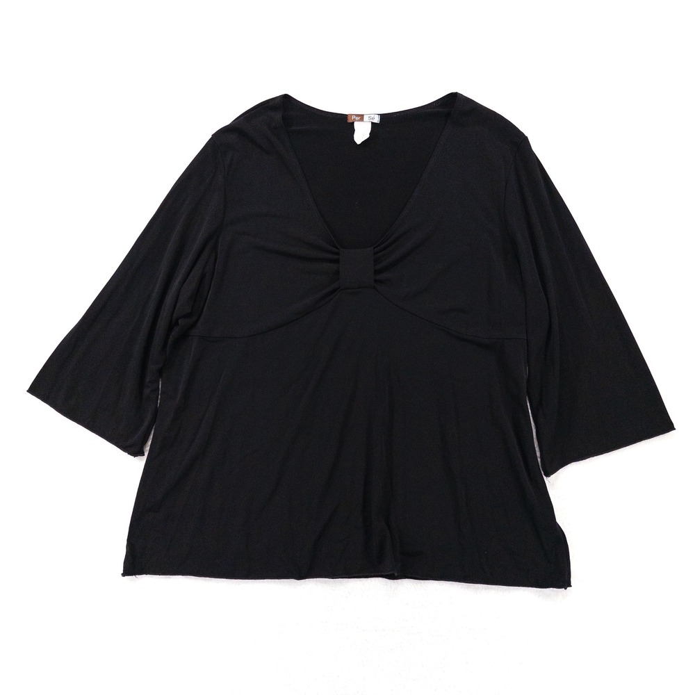 Per Se Women 3/4 Sleeve V-Neck Top 2X Black Bow Bust Empire Waist Blouse Stretch